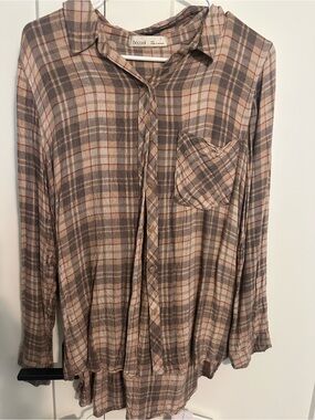 BE COOL Beige, Brown and Gray Plaid womens Button-Down Shirt